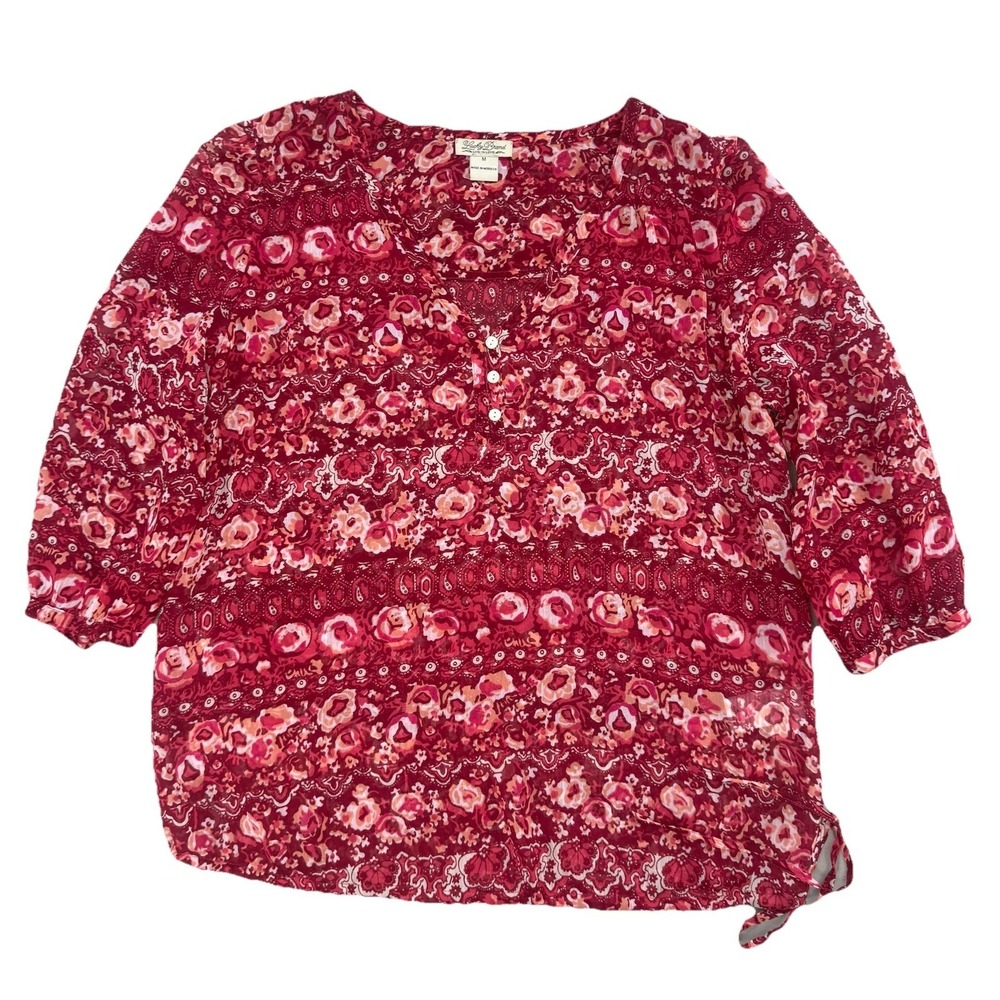 Lucky Brand Blouse Women's M Red Floral Boho 3/4‎ Sleeve  Peasant Casual